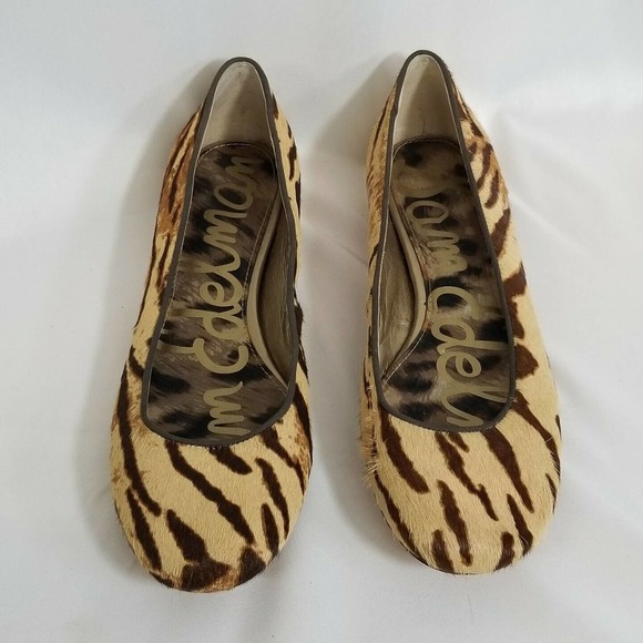 Sam Edelman JOYA Calf Hair Tiger Print Spike Heel Hidden Low Wedge Ballet Flats - Picture 2 of 11
